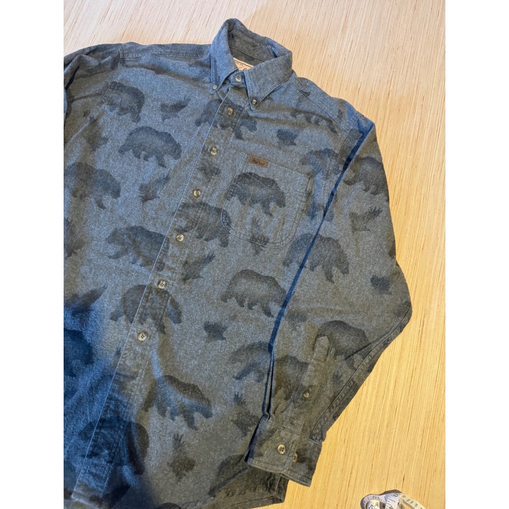 Woolrich Mens Flannel Shirt Medium Gray Bear Print Cotton Button Down Outdoor 44